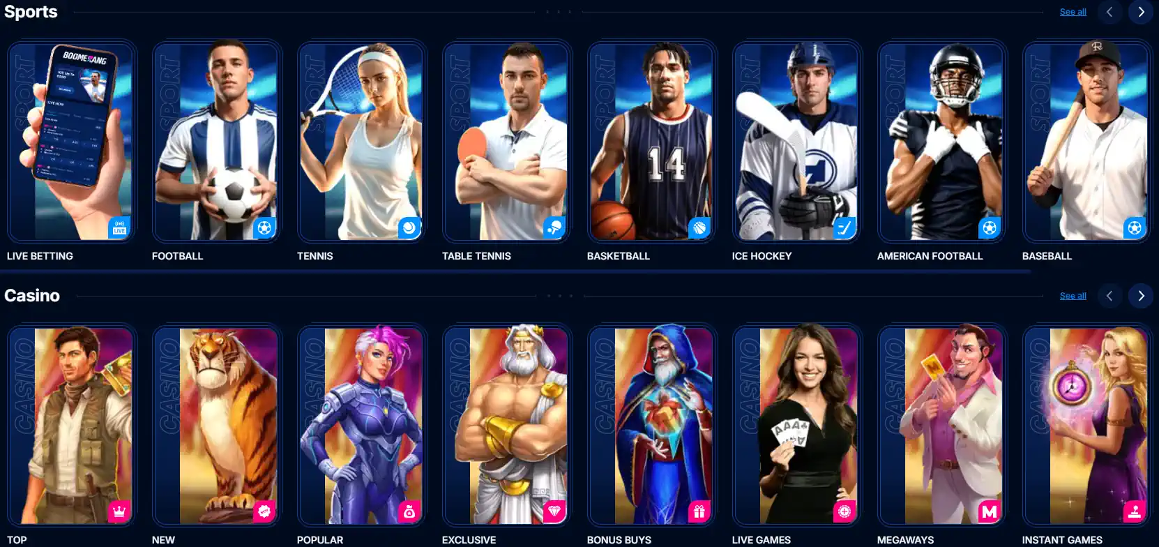 Interfaccia di scommesse sportive mobile Boomerang Bet e selezione di giochi.